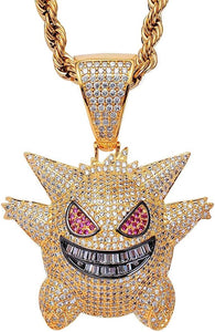 Hip Hop Iced Out 18K Gold Plated Micro Paved Simulated Diamond Gengar Pendant Necklace Rope Chain