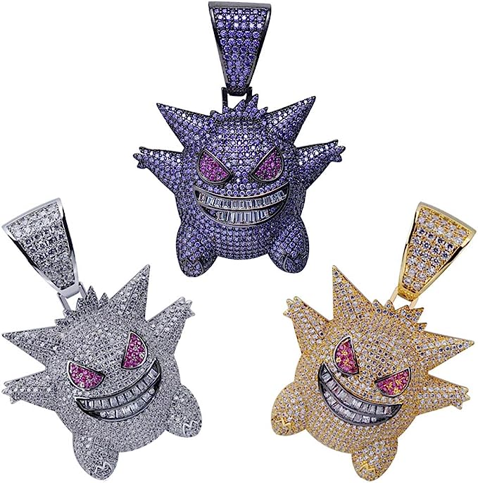 Hip Hop Iced Out 18K Gold Plated Micro Paved Simulated Diamond Gengar Pendant Necklace Rope Chain