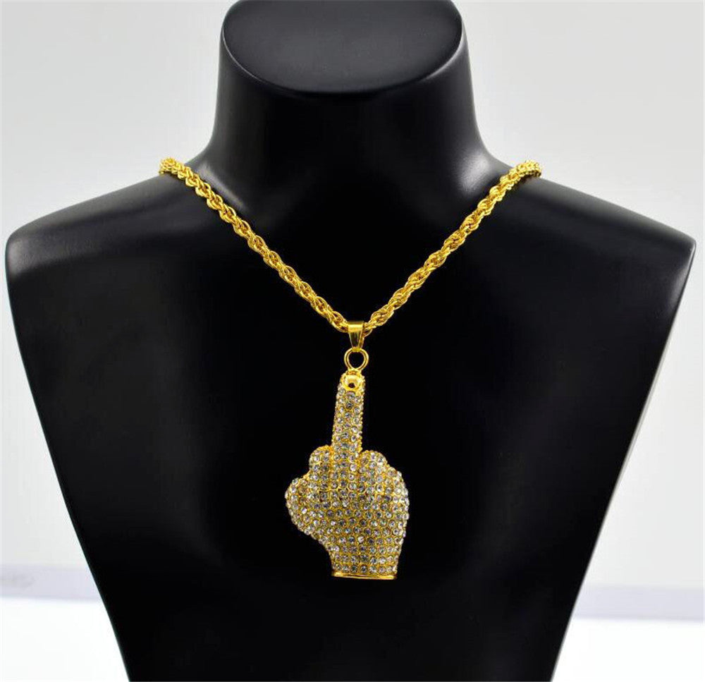 Iced Out Angry Middle Finger Hip Hop Necklace Jewelry Rope Chain Pendant Bling