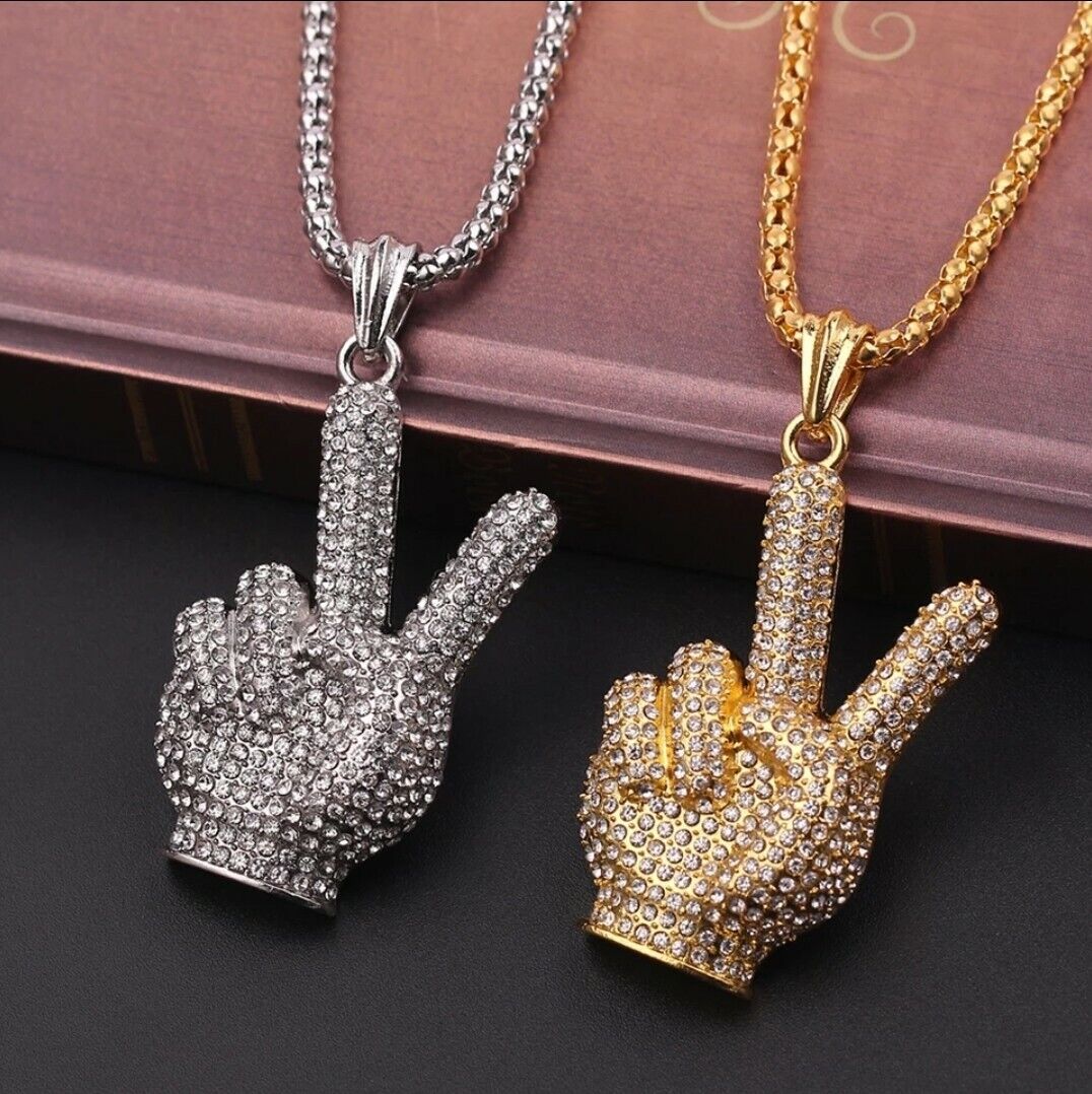 Iced Out Emoji Peace Middle Finger Hip Hop Necklace Jewellery  Chain Pendant