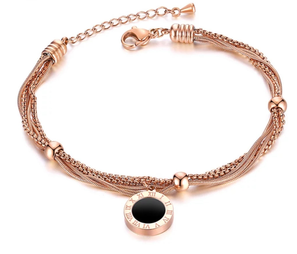 Rose Gold Bracelet Titanium Roman Numeral 18K Rose Gold Plated Charm Bracelet