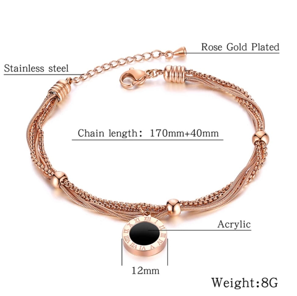 Rose Gold Bracelet Titanium Roman Numeral 18K Rose Gold Plated Charm Bracelet