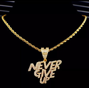 Hip Hop Bling Necklace Iced Out Crystal Never Give Up Letter Pendant