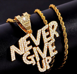 Hip Hop Bling Necklace Iced Out Crystal Never Give Up Letter Pendant