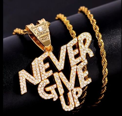 Hip Hop Bling Necklace Iced Out Crystal Never Give Up Letter Pendant